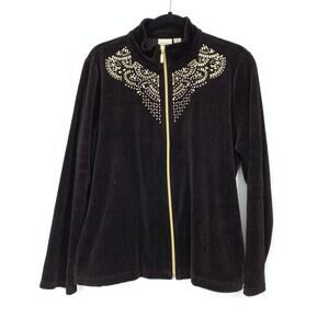 Chico's Zenergy Jacket Women's Size 2 US L Brown Basic Zipped Up Velour Beaded